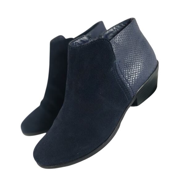 BASS! "NINA" NAVY BLUE GENUINE LEATHER & FAUX SNAKESKIN ANKLE BOOTS! SZ 6M - Picture 1 of 10